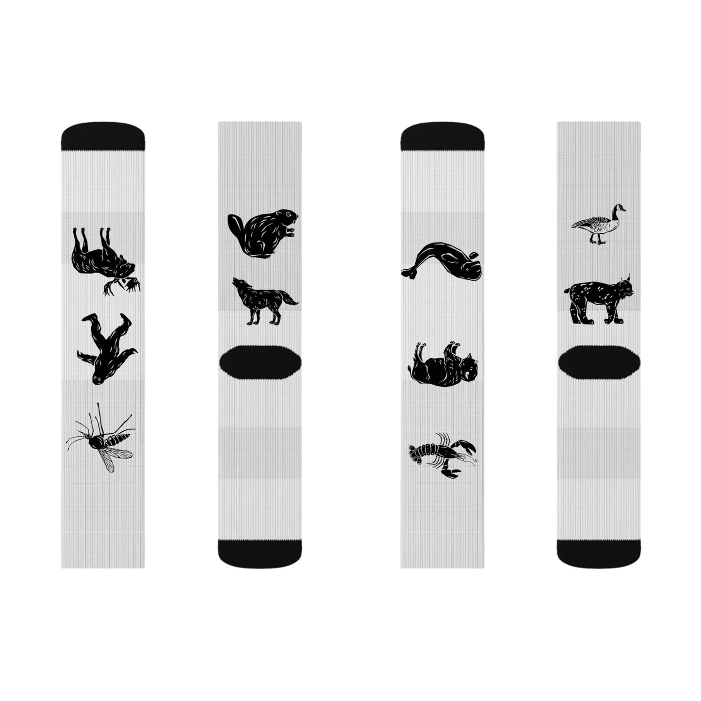 Black Silhouette Wildlife Sublimation Socks — Animal Pattern Crew Socks