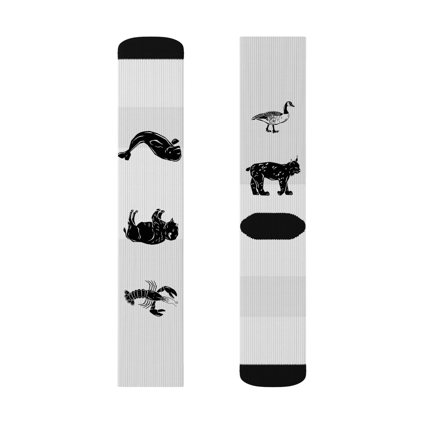 Black Silhouette Wildlife Sublimation Socks — Animal Pattern Crew Socks