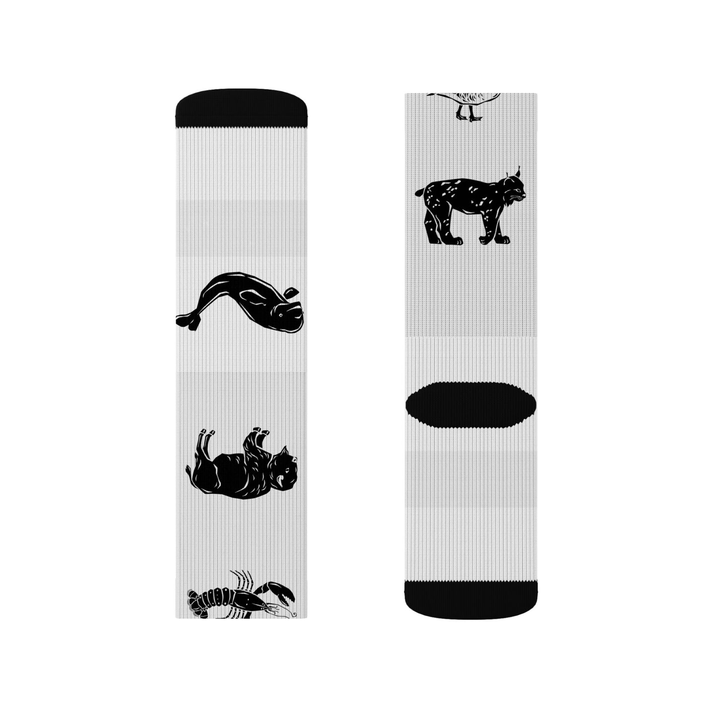 Black Silhouette Wildlife Sublimation Socks — Animal Pattern Crew Socks