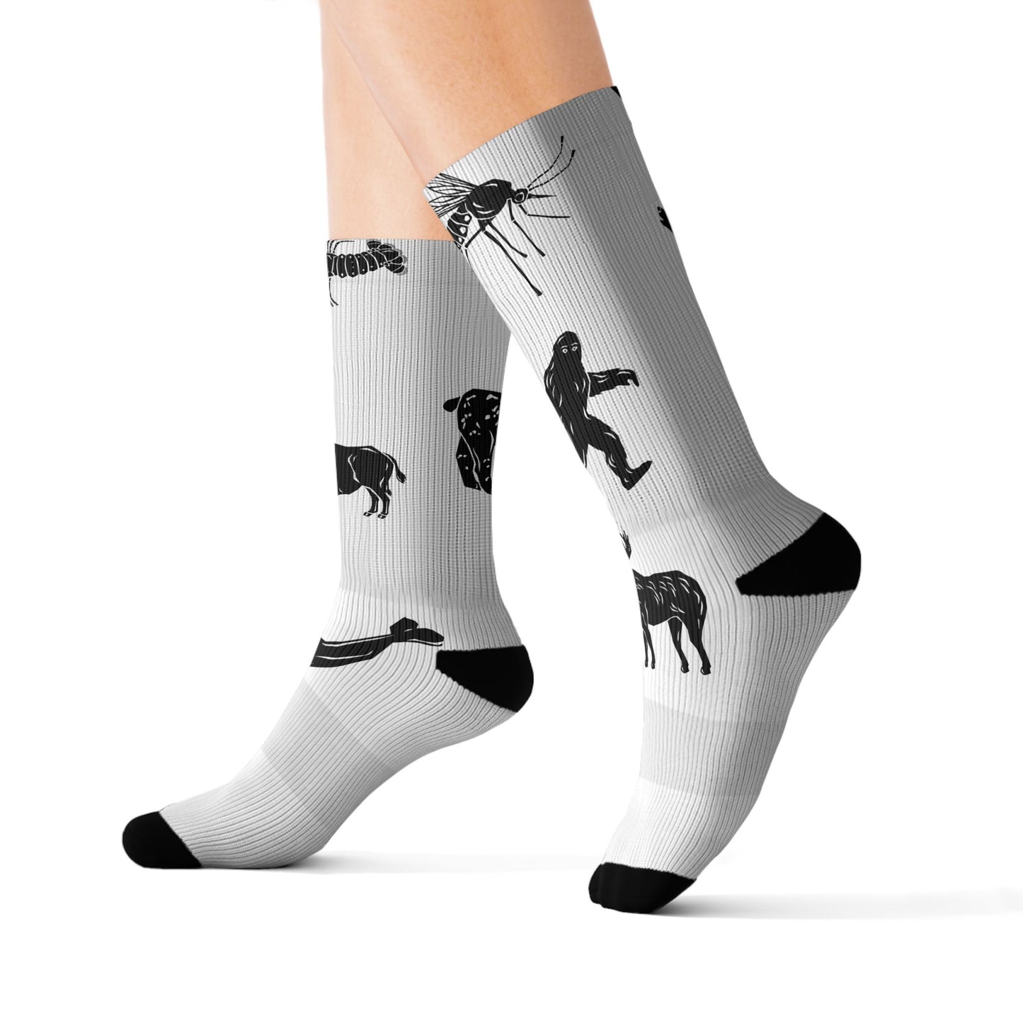 Black Silhouette Wildlife Sublimation Socks — Animal Pattern Crew Socks