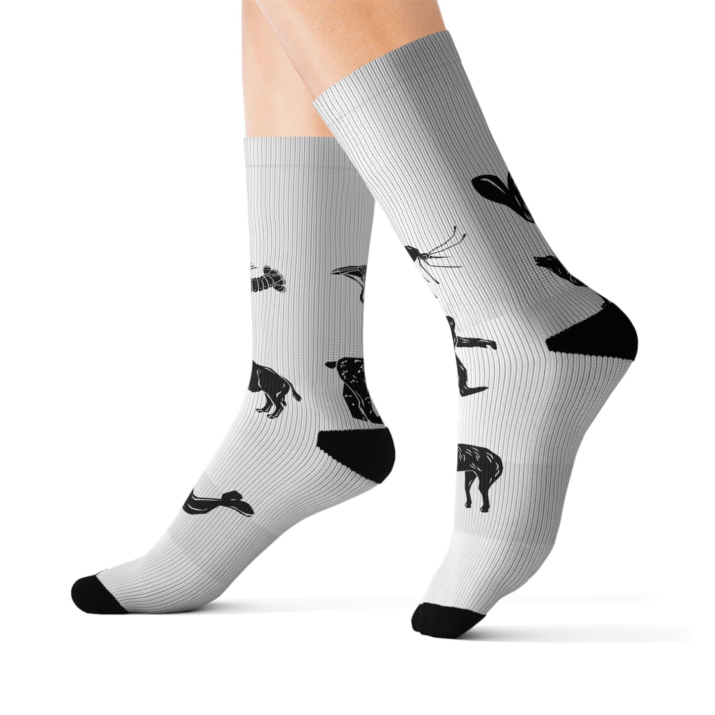 Black Silhouette Wildlife Sublimation Socks — Animal Pattern Crew Socks