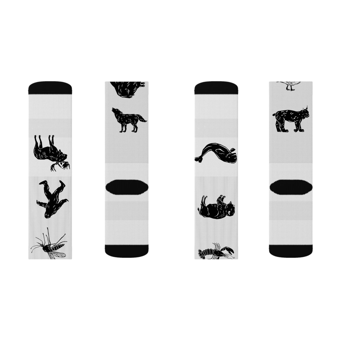 Black Silhouette Wildlife Sublimation Socks — Animal Pattern Crew Socks