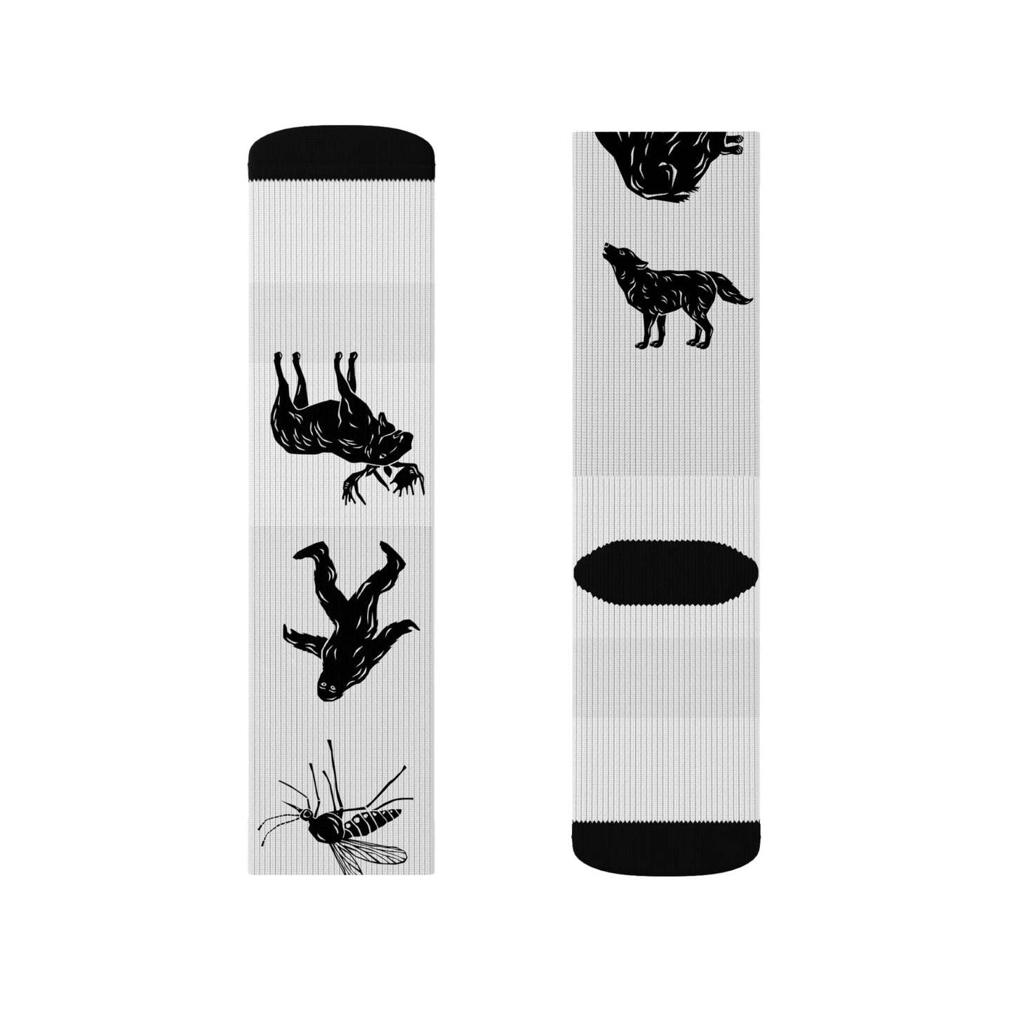 Black Silhouette Wildlife Sublimation Socks — Animal Pattern Crew Socks