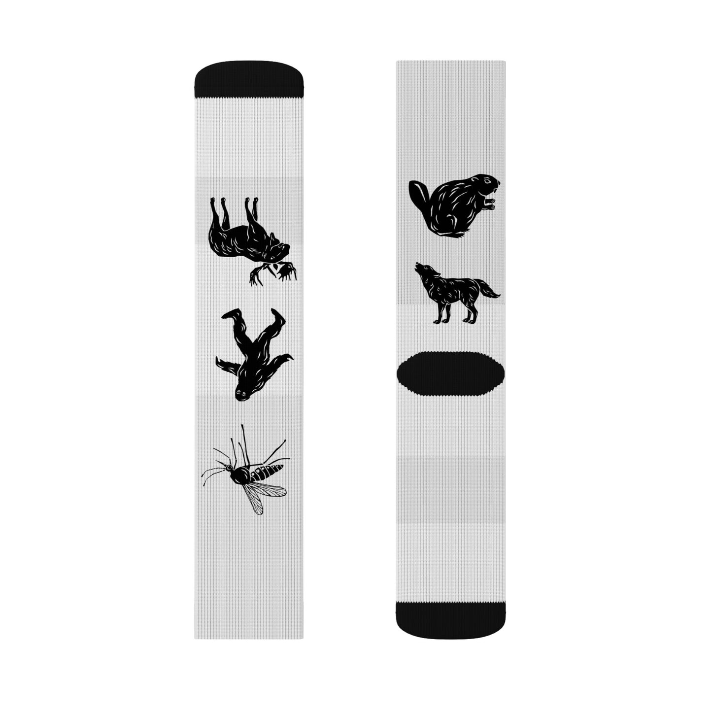 Black Silhouette Wildlife Sublimation Socks — Animal Pattern Crew Socks