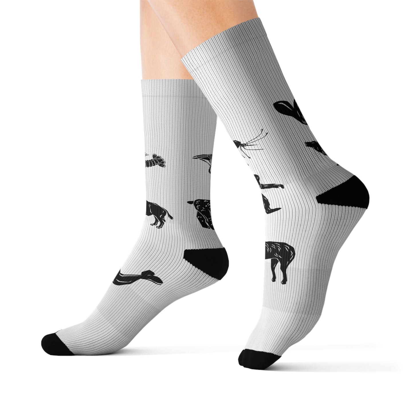 Black Silhouette Wildlife Sublimation Socks — Animal Pattern Crew Socks