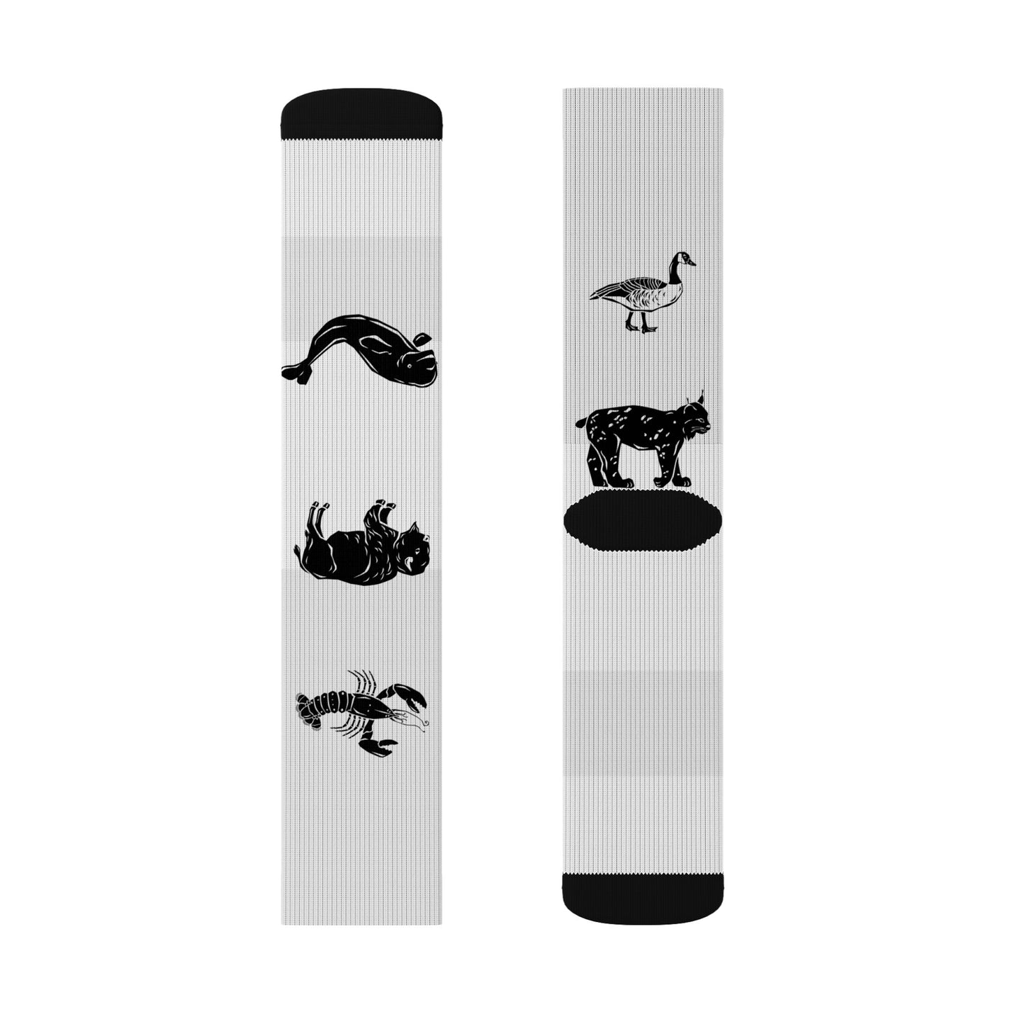 Black Silhouette Wildlife Sublimation Socks — Animal Pattern Crew Socks